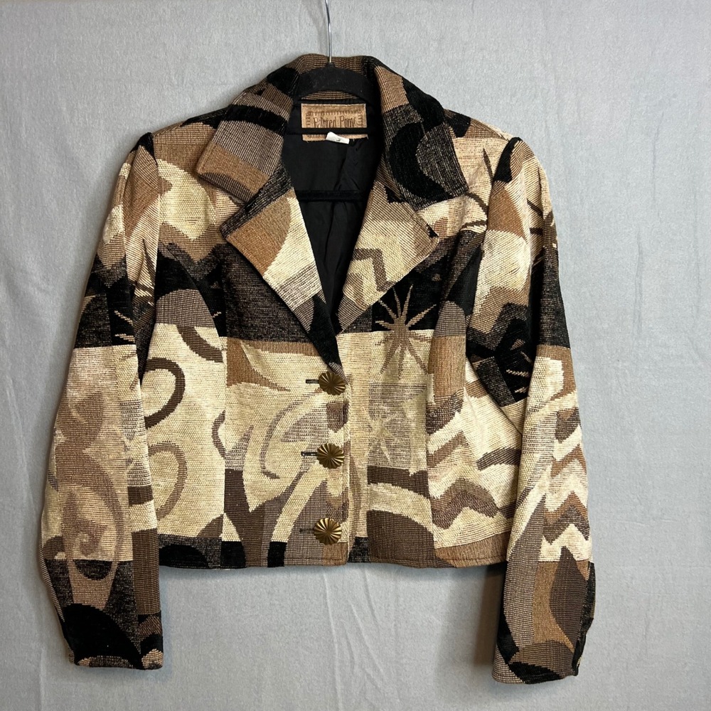 Painted Pony Tapestry Jacket Womens SzM Brown Black Southwestern Cropped Blazer